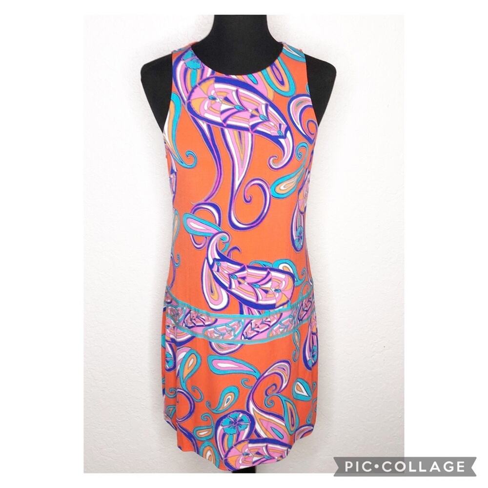 Ali Ro orange purple paisley sleeveless shift dress size 8